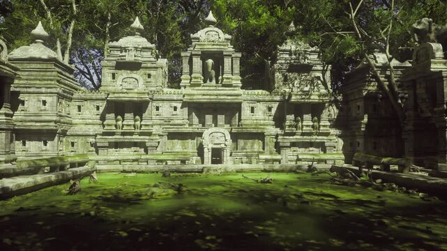 Hidden meditation garden among temple ruins with shallow emerald pool and soft filtered light, quiet palms and ancient reliefs framing peaceful retreat
