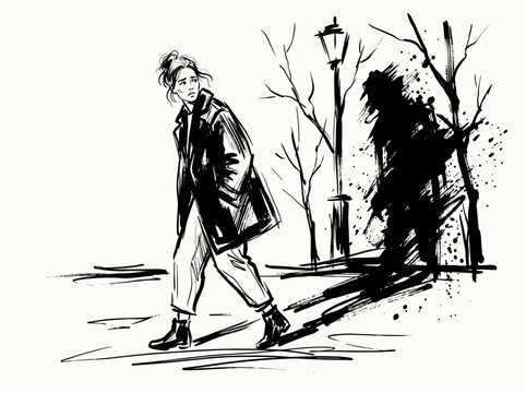 Woman walking alone in dark park, scared silhouette, expressive brush art, anxiety, fear, modern fashion illustration
