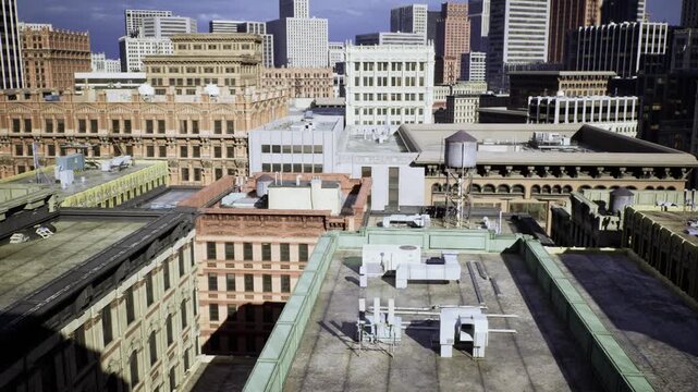 Historic rooftop panorama of downtown brick facades and water tower, decorative cornices, warm light highlighting masonry and heritage appeal for preservation