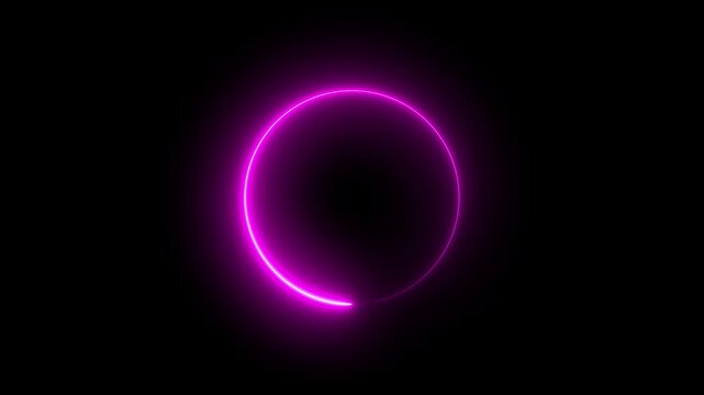 Abstract neon circle animation rotating and glowing against a dark background with futuristic digital.Bright pink neon glowing circle ring abstract background design element.Neon ellipse circle border