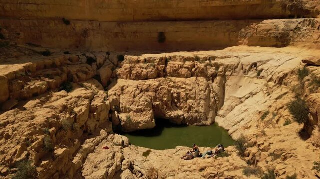 Aerial View of Nahal Kina Desert Canyon and Natural Pool Israel