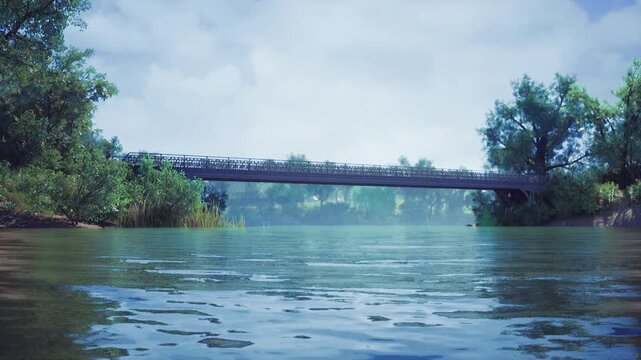 River view with distant bridge, calm reflections across green water, algae patches in foreground, treelined banks under overcast sky, soft diffused light