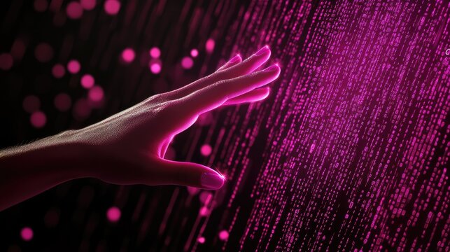 Hand reaching towards digital data stream, futuristic interaction with interactive interface