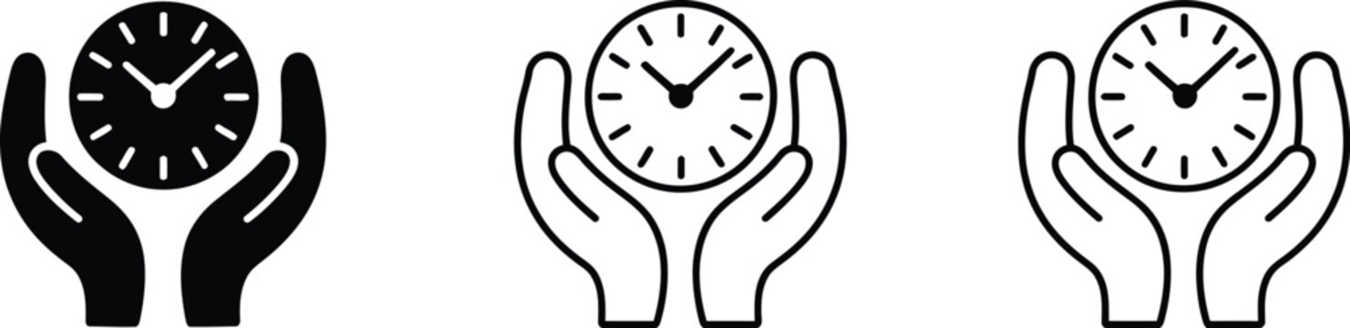 Time management icon set, hands holding clock symbols with minimalist line art representing deadline tracking schedule planning and productivity workflow tools for business.