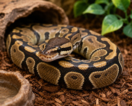 A pet ball python in a cage