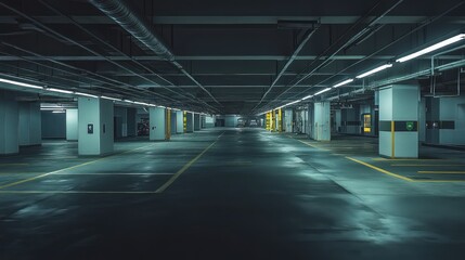 Naklejka premium Underground parking garage with concrete pillars, fluorescent lights, and painted yellow lines, forming an empty space with a solitary, abandoned atmosphere
