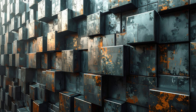 Metallic geometric cube wall art; textured rust pattern design element background