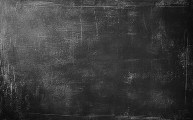 Naklejka premium Empty black chalkboard background with white chalk dust and scratches. 