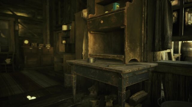 Repair bench under low light in workshop. Aged surfaces, shelving and tool shadows create moody industrial scene, ideal for editorial, background and historical