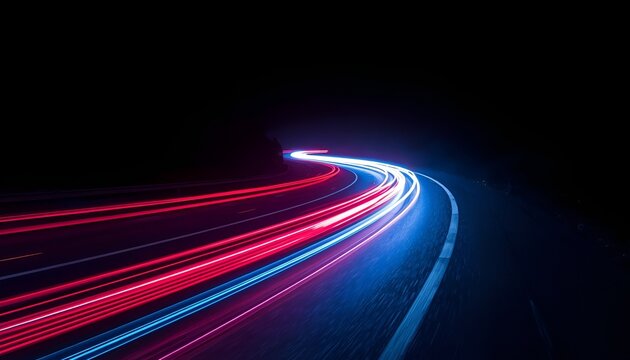 "Curved Highway with Red and Blue Light Trails &ndash; Night Traffic Motion, Neon Speed Lines, Futuristic Transportation and Dynamic Urban Travel Concept"