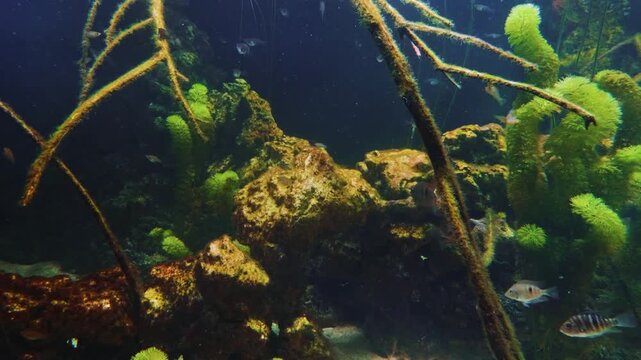 A close up shot of a dark colored cichlid fish gracefully swimming in a freshwater aquarium. The fish is surrounded by lush green aquatic plants and rock formations, creating a serene and natural unde