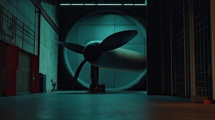 Fototapeta premium Huge propeller spinning inside a wind tunnel, showcasing aerodynamic testing and engineering research in a modern lab with teal lighting and industrial equipment