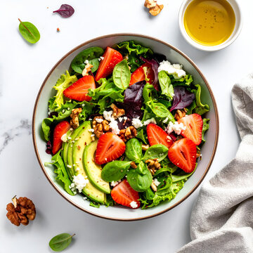 Fresh salad with strawberries avocado walnuts and feta cheese top view healthy food