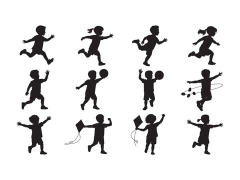 Set of twelve black silhouettes of children playing, running, holding kites, and using hula hoops, isolated on a white background, representing childhood, outdoor activities, and fun