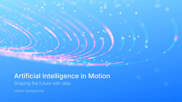 Futuristic background with glowing curved lines and light particles forming a circular motion on deep blue background, representing data flow, artificial intelligence, digital networks and technology.