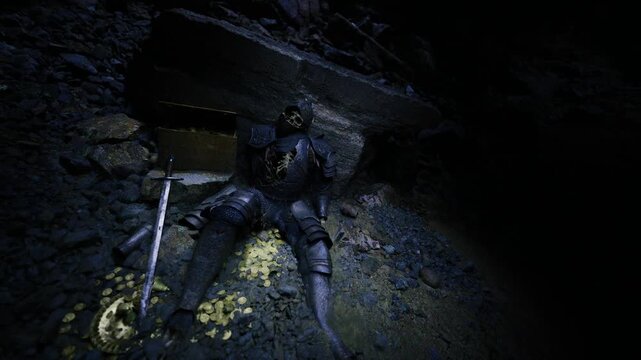 Cursed guardian collapsed amid scattered coins and broken spear, visor halfopen and corroded plate catching faint light stale air, mossy stone, occult hints