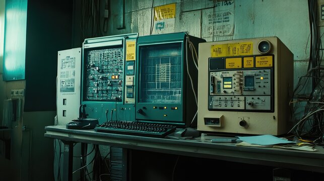 Vintage computer systems and analog electronics displaying data with numerous buttons and dials, creating a sense of past technology in a specialized research environment