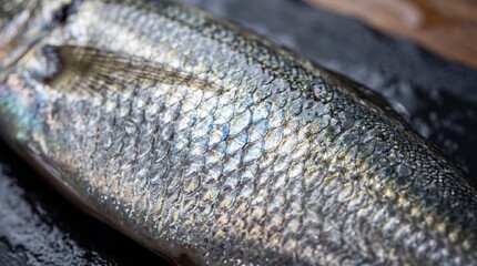 Close-up Texture of Fresh Raw Fish Scales with Iridescent Reflection © Pas Studio