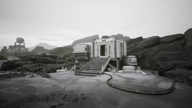 Fortified modular post overlooking rugged shoreline, antenna arrays, reinforced doors, access ramp, security cables, tense surveillance atmosphere