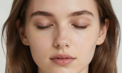Fototapeta premium serene young caucasian female eyes shut showcasing perfectly smooth skin soft natural daylight gentle focus