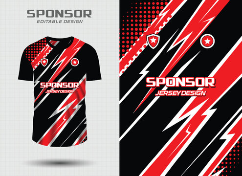Sports Jersey Design Template with Modern Red and Black Thunder Graphic Patterns and Halftone Texture for Soccer, Racing, and Esports Apparel