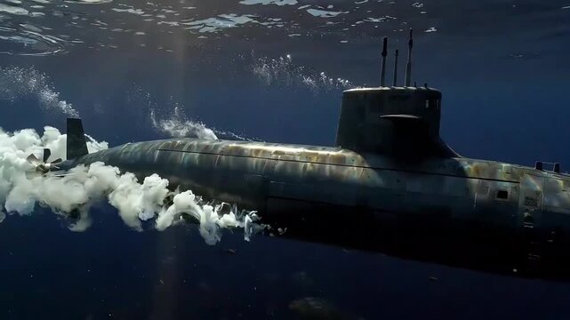 Military submarine cruising underwater with dramatic sunbeams