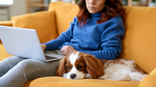 Woman with wavy red hair sits on a yellow couch using a laptop while a Cavalier King Charles Spaniel rests beside her in a cozy living room setting