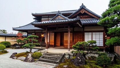 Obraz premium Traditional Japanese House with Zen Garden and Pine Trees.