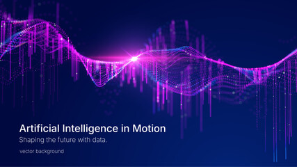 Obraz premium Futuristic artificial intelligence data wave visualization with glowing particles and neural network structure. Abstract digital background for analytics, big data and technology concepts. 