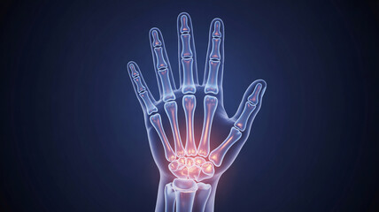 Fototapeta premium Xray image of a human hand with highlighted wrist bones on a dark background showing skeletal structure