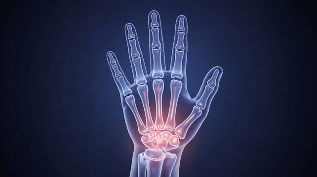 Xray image of a human hand with highlighted wrist bones on a dark background showing skeletal structure
