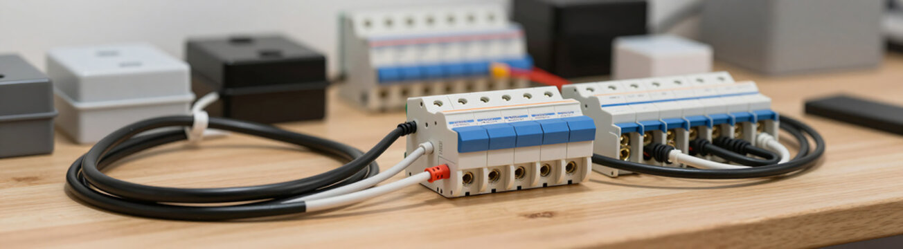 electric components wooden workbench featuring neatly organized cables circuit breakers junction boxes soft