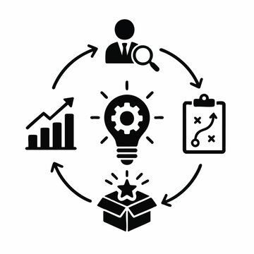 Business strategy, workflow optimization, process management, gear icons