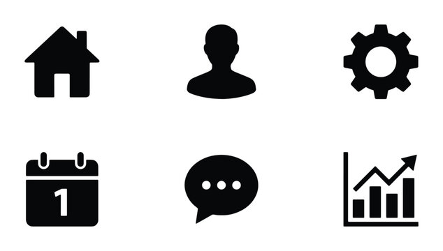 Modern Black Icons Set: Home, User, Gear, Calendar, Chat, Analytics. Clean Vector Graphics for Web and App UI Design.