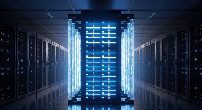 Rows of dark server racks with a glowing blue central unit in a data center technology computer