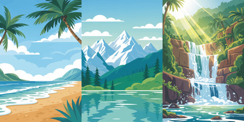 Colorful Tropical Beach, Mountain Valley, and Fantasy Waterfall Landscape Illustration Set © mahabubmorshed