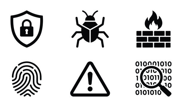 Cybersecurity Icon Set: Shield Lock, Bug, Firewall, Fingerprint, Warning, Binary Code Magnifier, Digital Security Concepts