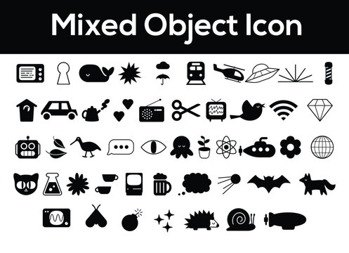 Mixed object icons illustration set, generic random symbols including technology animals transport communication and abstract elements for creative design.