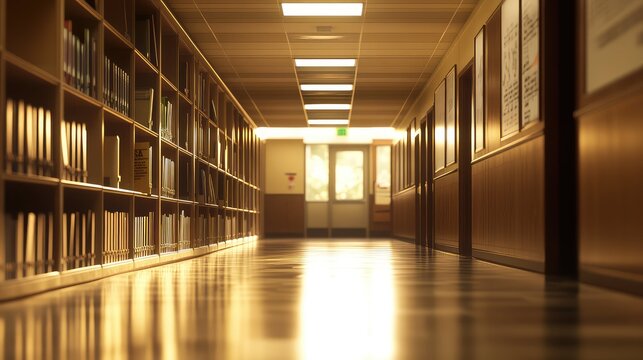 Empty library corridor featuring extensive bookshelves and a vibrant glow from overhead lights, forming a reflective path leading to an exit, symbolizing education and discovery