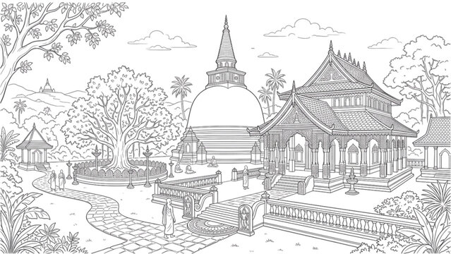 Sri Lankan Buddhist Temple Stupa Line Art Dagoba Cultural Architecture Illustration