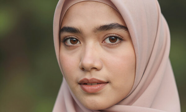 photograph muslim woman serene face set blurred greenery backdrop highlighting brown eyes effortless