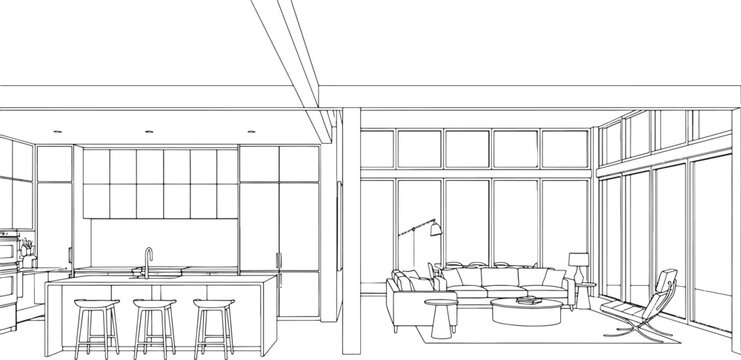 Architectural line drawing of an open plan kitchen and living room interior design concept for modern residential home projects