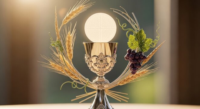 Sacred Eucharist sacrament: Corpus Christi, religion faith, Feast day, Body Christ, Blood Jesus, holy ceremony, blessed chalice, wheat grape, spiritual symbol.