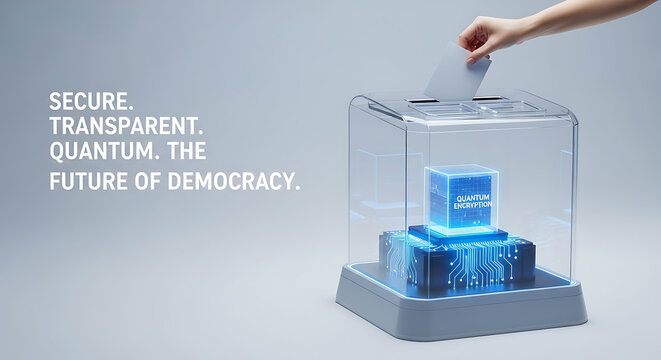 Transparent ballot box with glowing quantum encryption cube and hand casting vote voting election