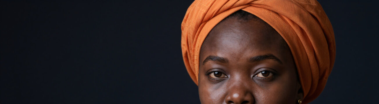 photograph african woman face head wrapped vibrant orange turban deep richly detailed slightly