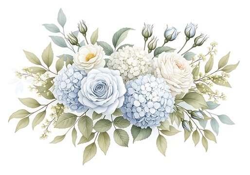 A bouquet of white flowers and green leaves