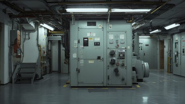 Control room with large gray switchgear panels, breakers and cabling managing high voltage distribution and automation systems in an industrial plant or data center facility