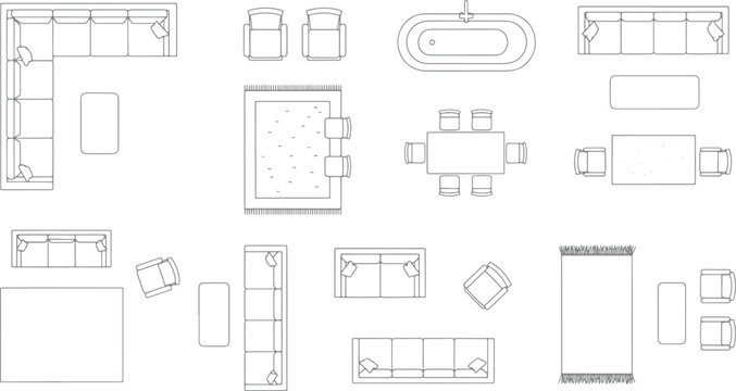 Furniture top view vector set including sofas armchairs dining tables and rugs for interior design floor plan layouts