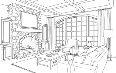 Fototapeta premium Living room interior sketch with stone fireplace and large arched window in a hand drawn architectural line art style