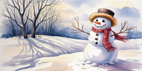 Obraz premium Cute Snowman in Snowy Mountain Forest Winter Illustration 